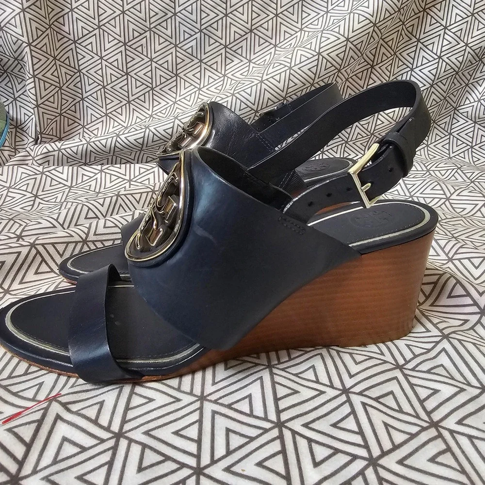 Tory Burch Metal Miller Leather Wedge Sandals Navy Blue Silver Size 8.5